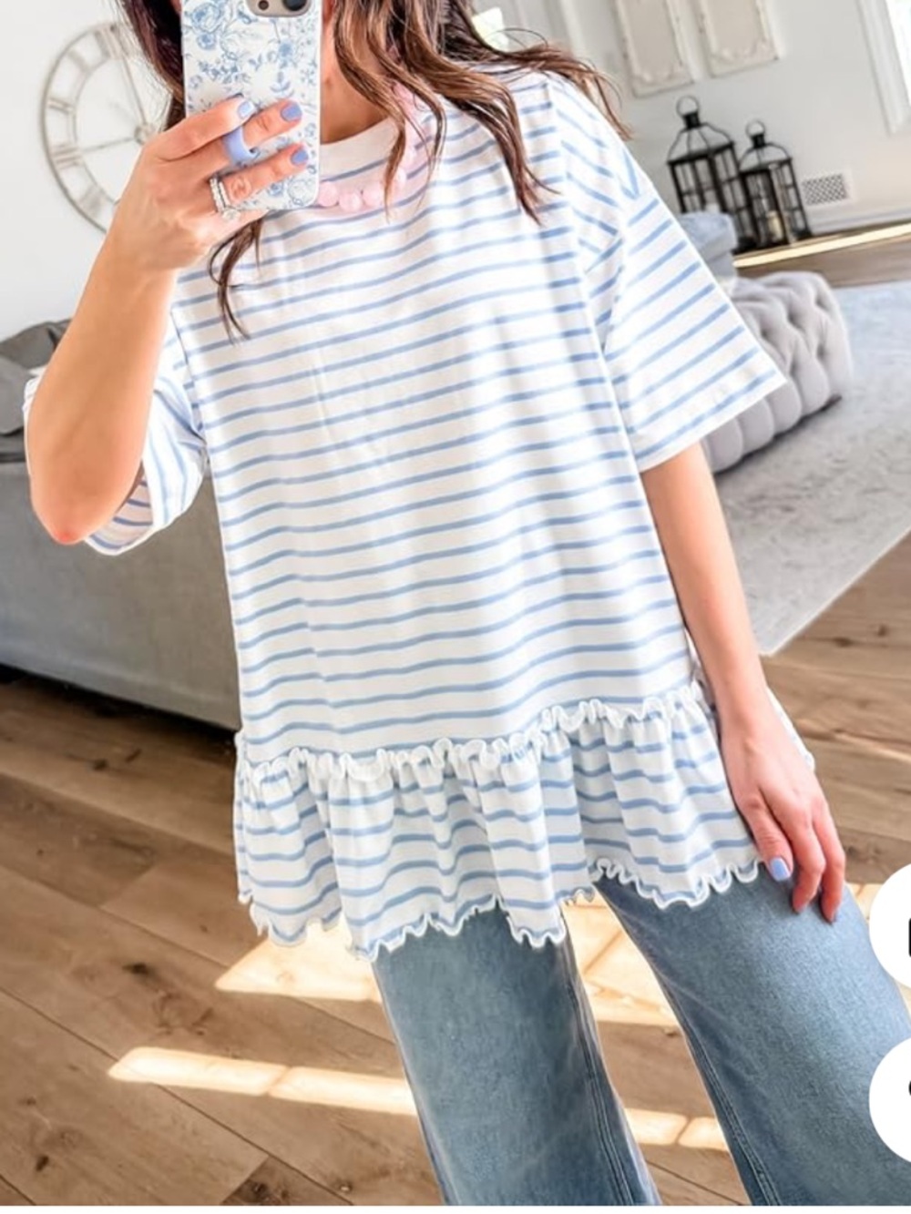 NWT LIGHT BLUE AND WHITE STRIPED TOP WITH RUFFLED HEM